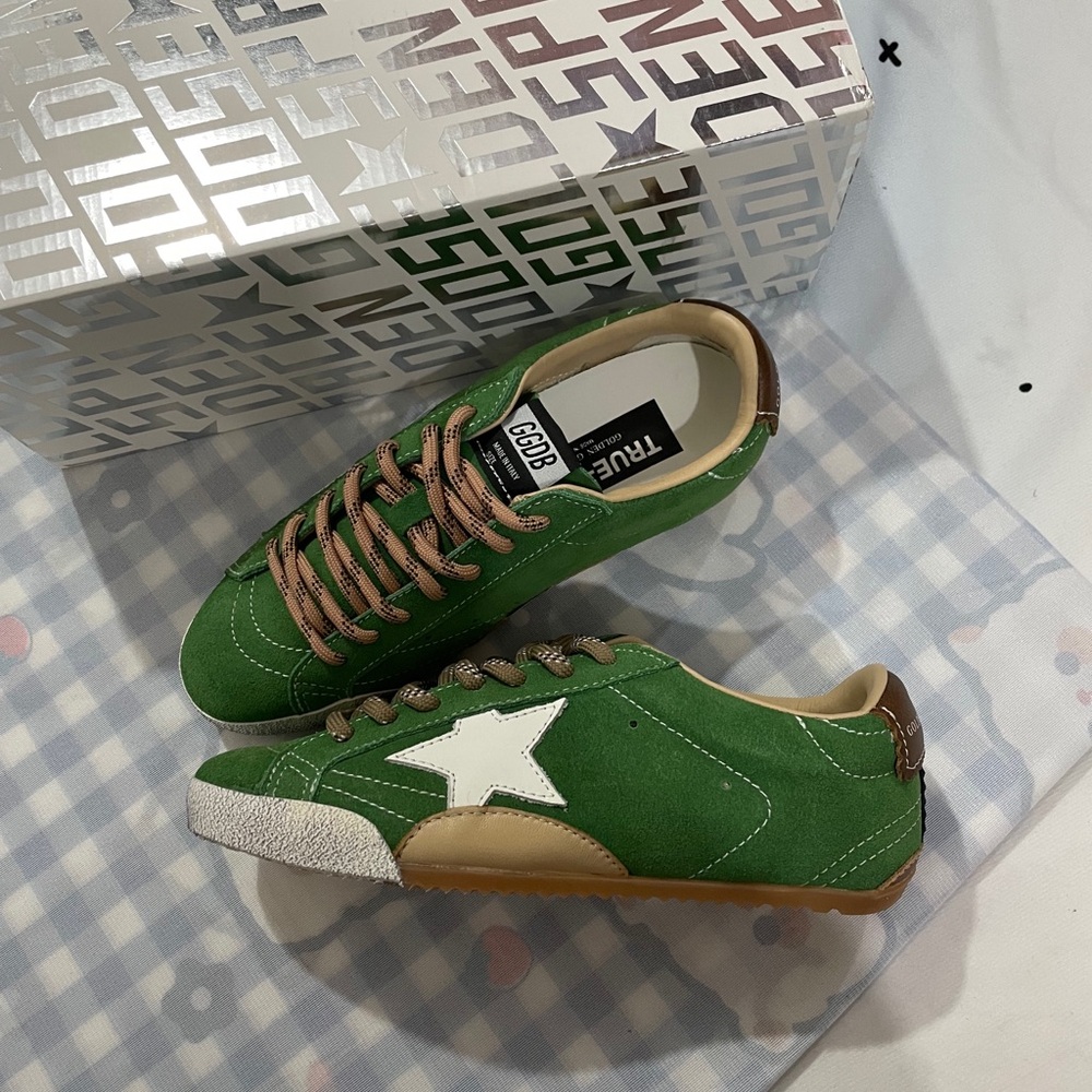 Golden Goose Green Suede Sneakers with White Star and Tan Accents
